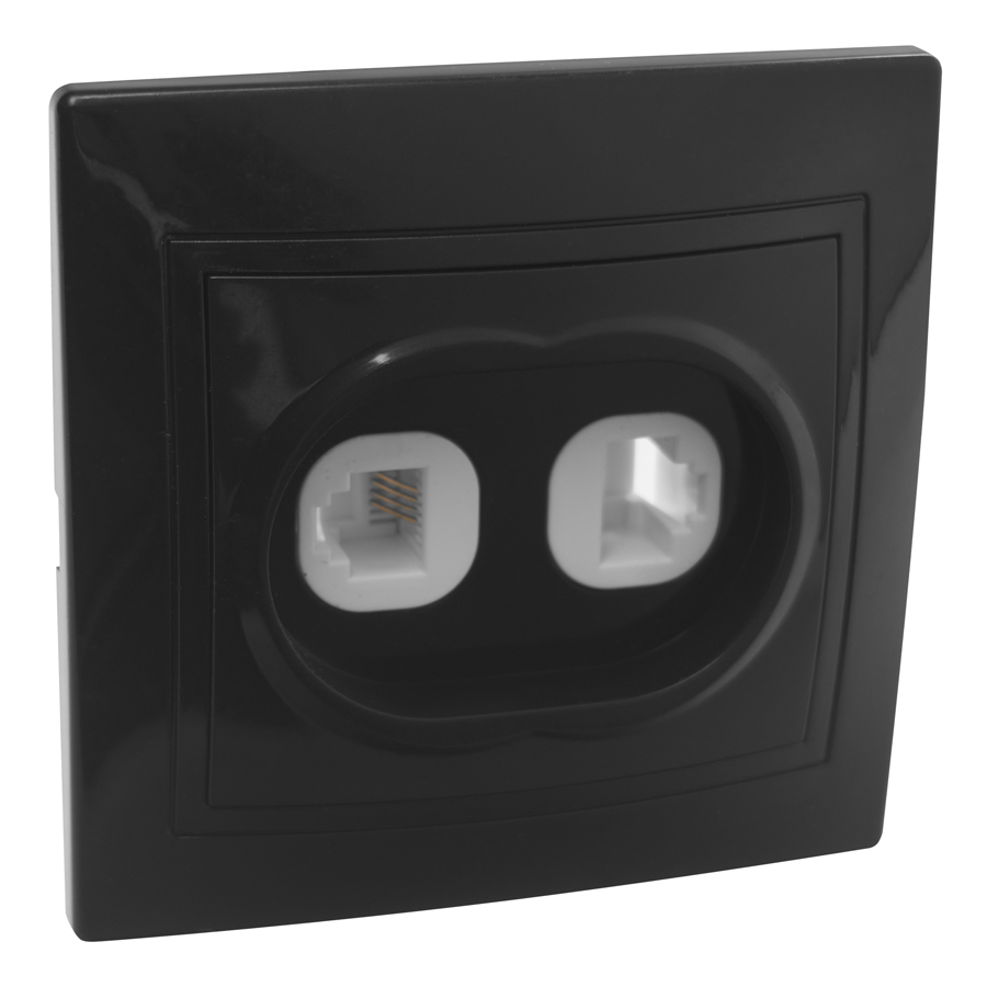 Розетка телефонная RJ11 + компьютерная RJ45 скрытой установки IP20, черная "Дельта" General